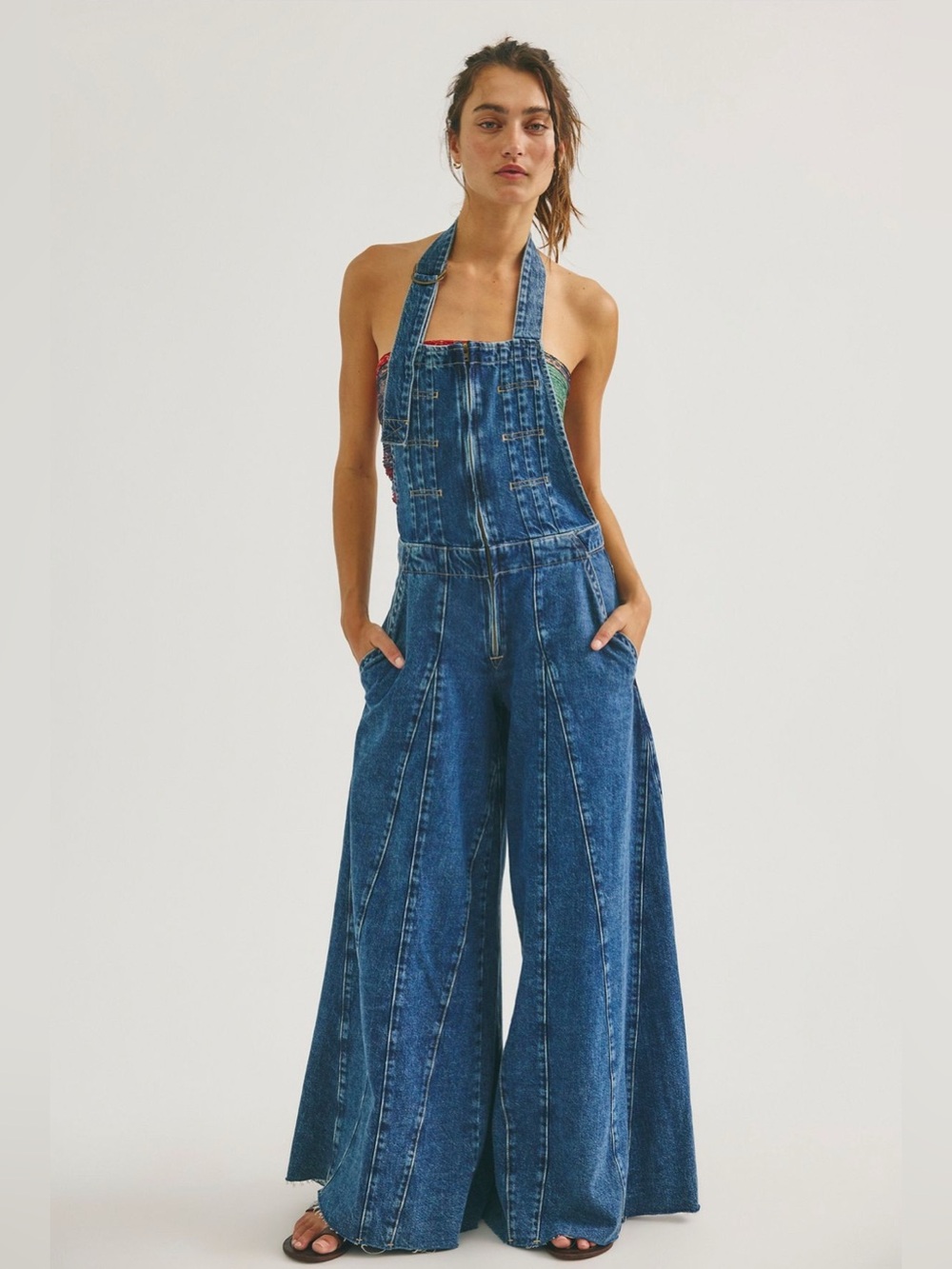 Free People Fable Apron Wide Leg Denim Jumpsuit Size 27 NWT